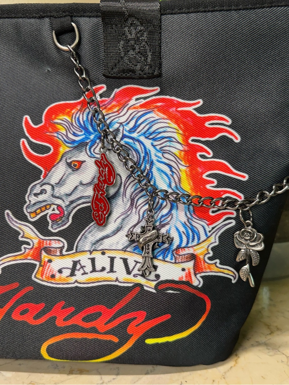 Ed Hardy Black Duffel with Horse Graphics - Picture 2 of 12